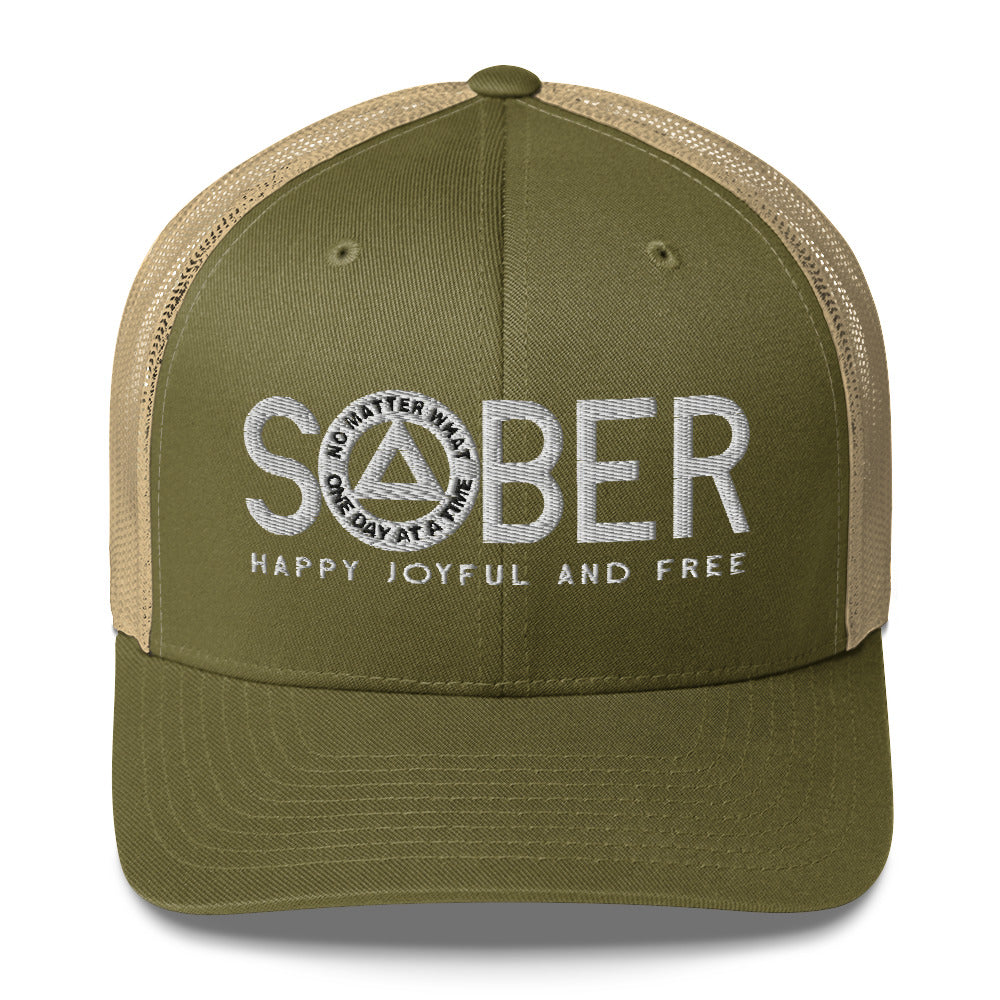 SOBER AA NA White Logo No Matter What One Day at a Time Happy Joyful Free Recovery Slogans Sayings Mesh Retro Hat