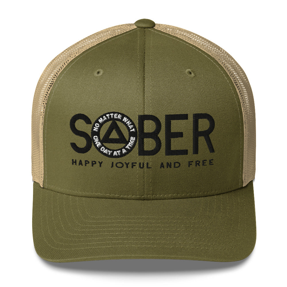 SOBER AA NA Black Logo No Matter What One Day at a Time Happy Joyful Free Recovery Slogans Sayings Mesh Retro Hat