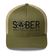 SOBER AA NA Black Logo No Matter What One Day at a Time Happy Joyful Free Recovery Slogans Sayings Mesh Retro Hat