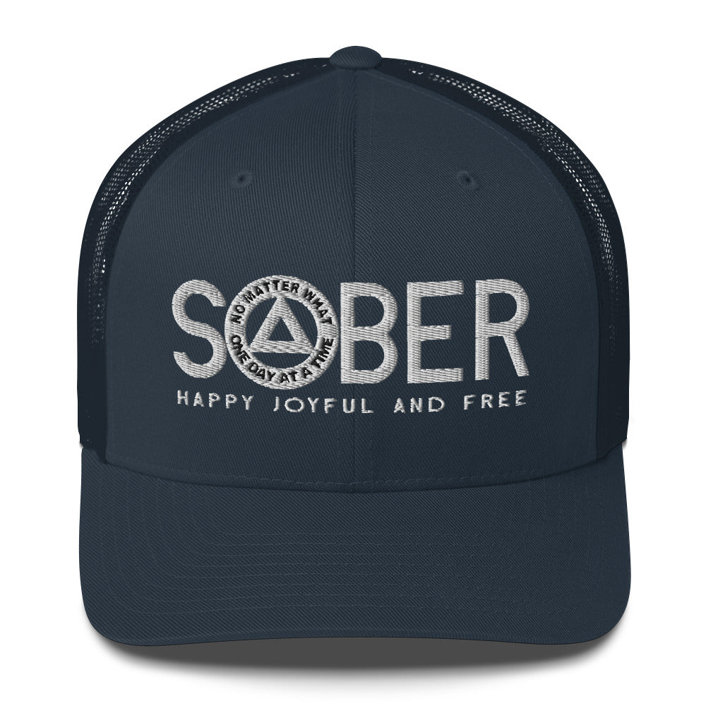 SOBER AA NA White Logo No Matter What One Day at a Time Happy Joyful Free Recovery Slogans Sayings Mesh Retro Hat