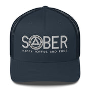 SOBER AA NA White Logo No Matter What One Day at a Time Happy Joyful Free Recovery Slogans Sayings Mesh Retro Hat