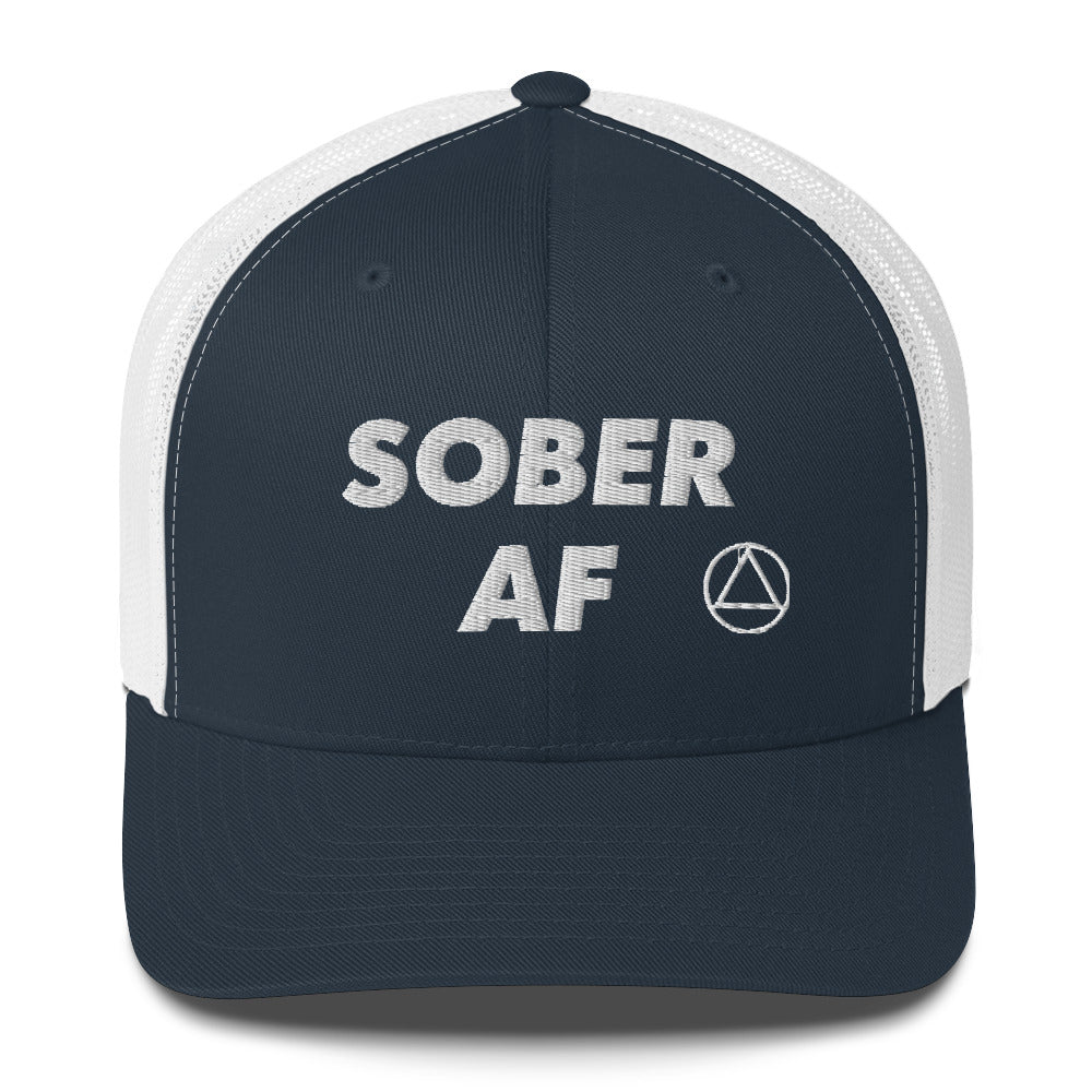 SOBER AF Funny Humor White NA AA Logo 12-step Recovery Gift Mesh Snapback Hat