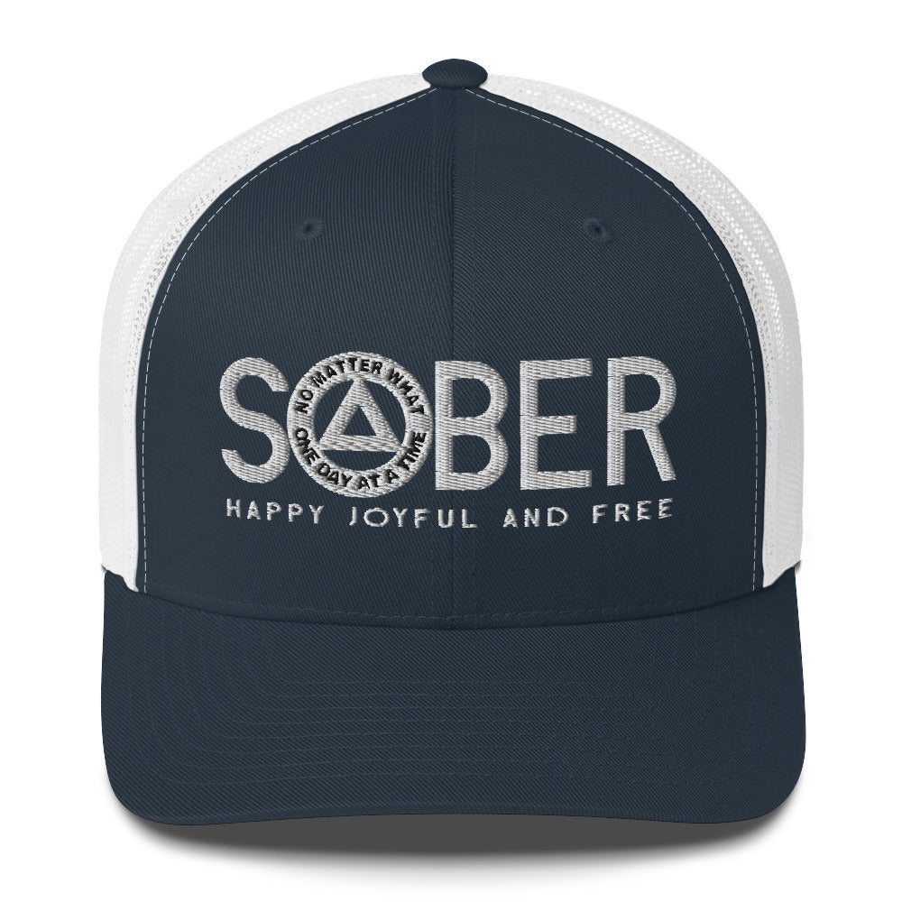 SOBER AA NA White Logo No Matter What One Day at a Time Happy Joyful Free Recovery Slogans Sayings Mesh Retro Hat
