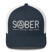 SOBER AA NA White Logo No Matter What One Day at a Time Happy Joyful Free Recovery Slogans Sayings Mesh Retro Hat