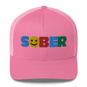 SOBER Smiley Face Multi color Fun Humor Motivational Inspired AA NA Sobriety Recovery 12-step Gifts mesh hat