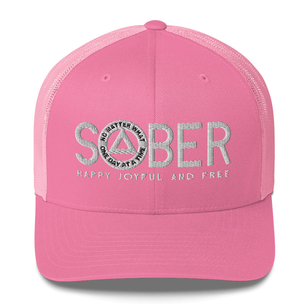 SOBER AA NA White Logo No Matter What One Day at a Time Happy Joyful Free Recovery Slogans Sayings Mesh Retro Hat