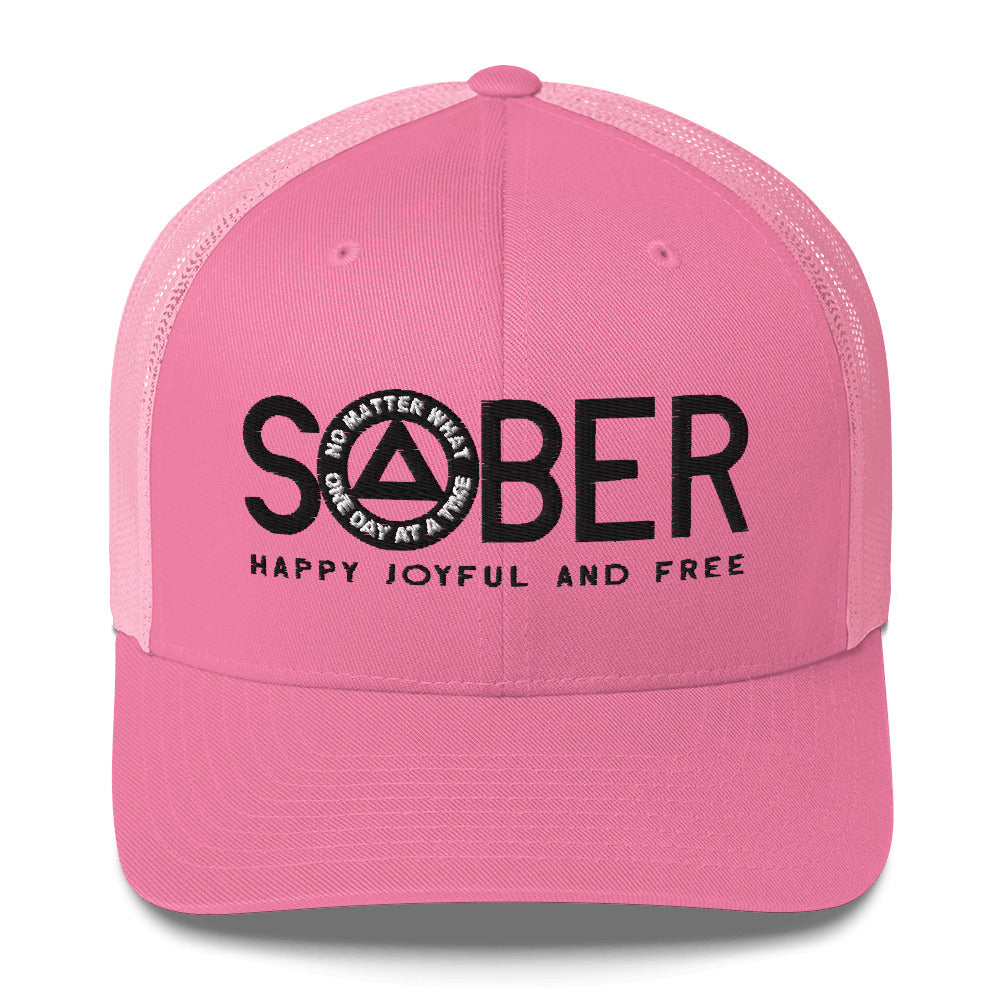 SOBER AA NA Black Logo No Matter What One Day at a Time Happy Joyful Free Recovery Slogans Sayings Mesh Retro Hat