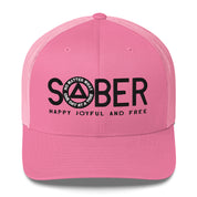 SOBER AA NA Black Logo No Matter What One Day at a Time Happy Joyful Free Recovery Slogans Sayings Mesh Retro Hat