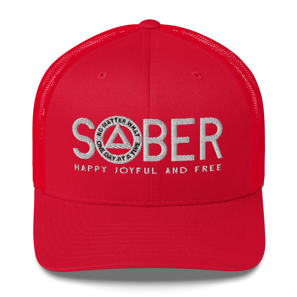 SOBER AA NA White Logo No Matter What One Day at a Time Happy Joyful Free Recovery Slogans Sayings Mesh Retro Hat