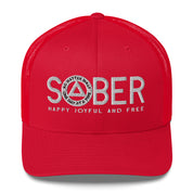 SOBER AA NA White Logo No Matter What One Day at a Time Happy Joyful Free Recovery Slogans Sayings Mesh Retro Hat