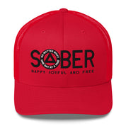 SOBER AA NA Black Logo No Matter What One Day at a Time Happy Joyful Free Recovery Slogans Sayings Mesh Retro Hat