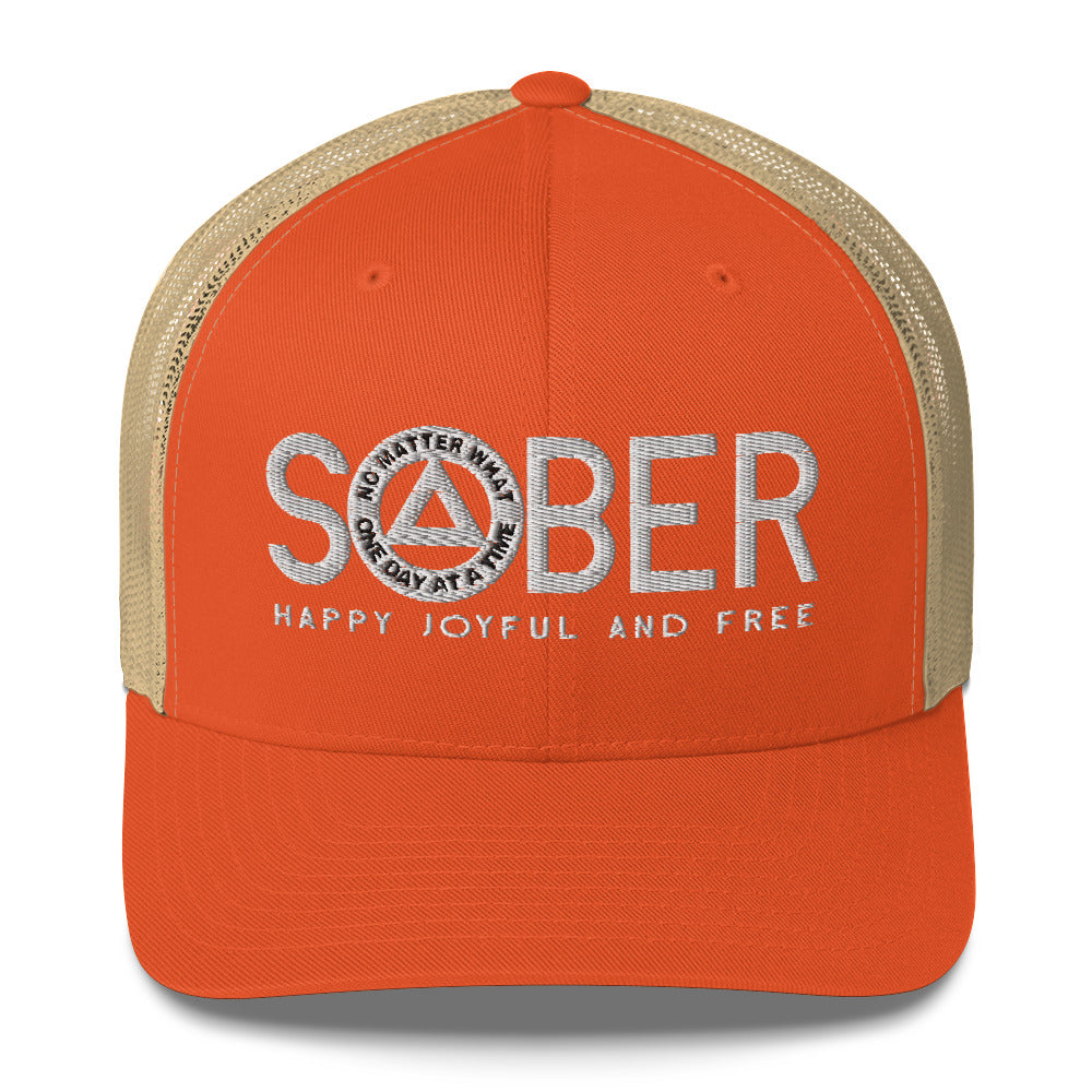 SOBER AA NA White Logo No Matter What One Day at a Time Happy Joyful Free Recovery Slogans Sayings Mesh Retro Hat