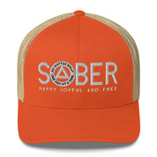 SOBER AA NA White Logo No Matter What One Day at a Time Happy Joyful Free Recovery Slogans Sayings Mesh Retro Hat