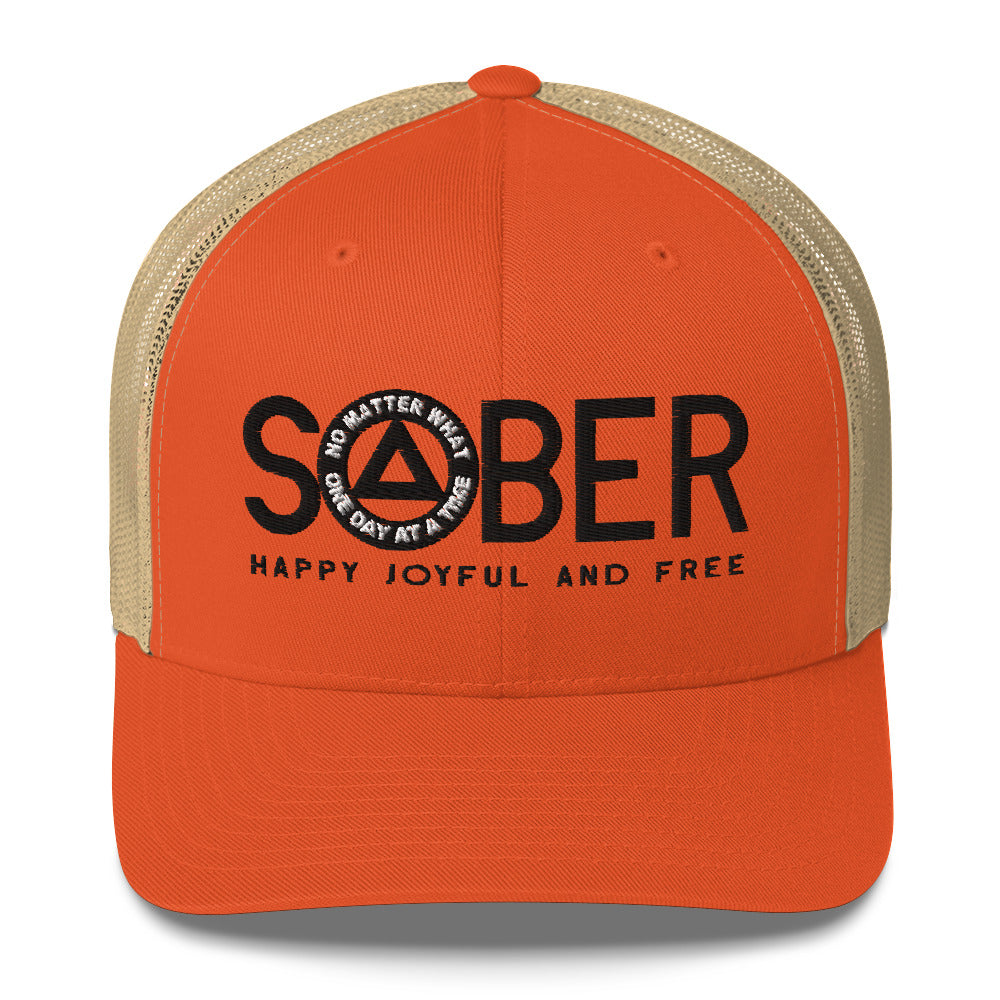 SOBER AA NA Black Logo No Matter What One Day at a Time Happy Joyful Free Recovery Slogans Sayings Mesh Retro Hat