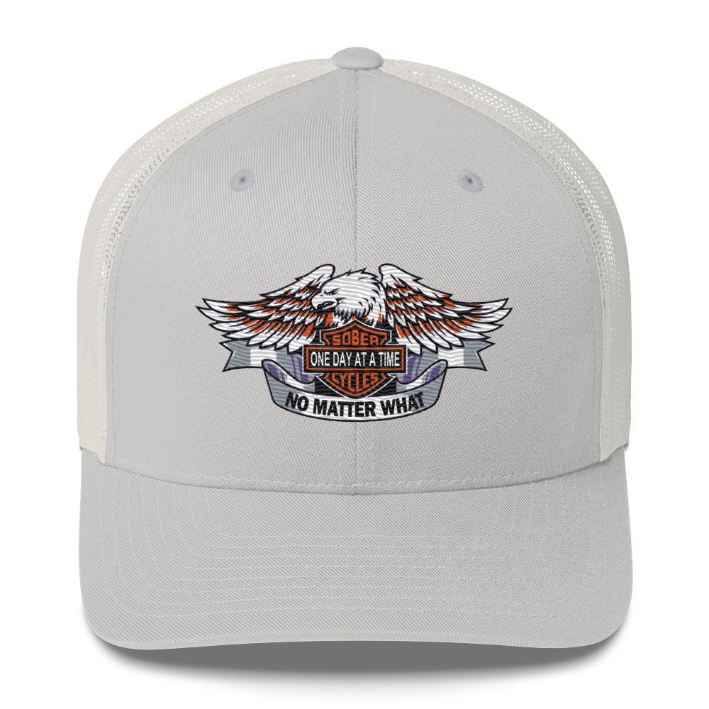 Motorcycle Wings Sober Cycles One Day at a Time No Matter What AA NA Slogans Sayings 12-Step Recovery Gifts Retro mesh snapback hat