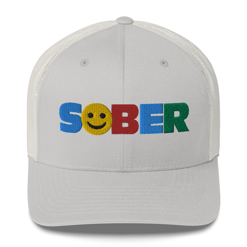 SOBER Smiley Face Multi color Fun Humor Motivational Inspired AA NA Sobriety Recovery 12-step Gifts mesh hat