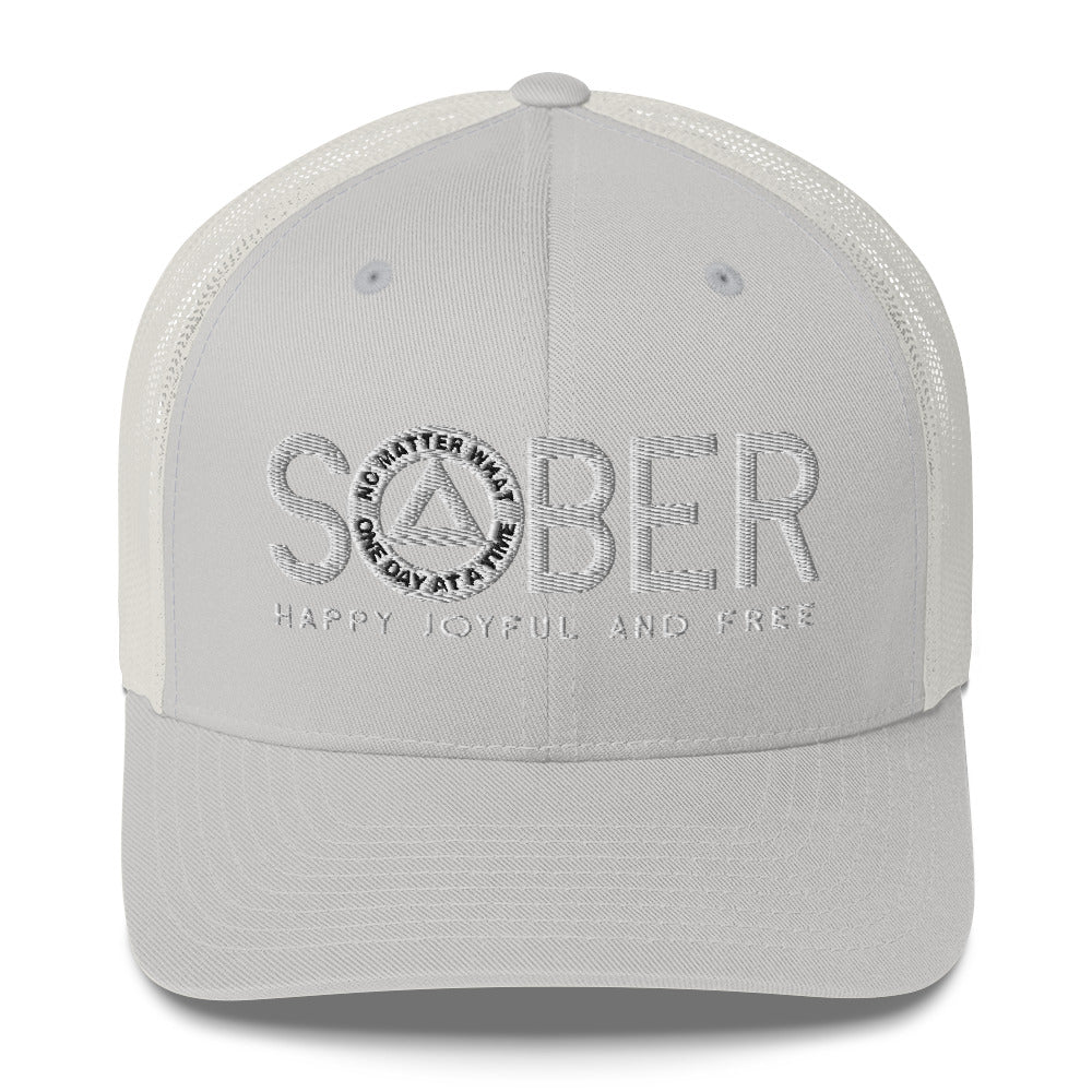 SOBER AA NA White Logo No Matter What One Day at a Time Happy Joyful Free Recovery Slogans Sayings Mesh Retro Hat