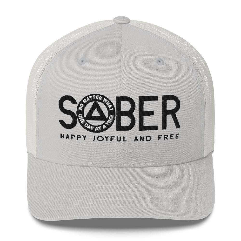 SOBER AA NA Black Logo No Matter What One Day at a Time Happy Joyful Free Recovery Slogans Sayings Mesh Retro Hat