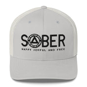 SOBER AA NA Black Logo No Matter What One Day at a Time Happy Joyful Free Recovery Slogans Sayings Mesh Retro Hat
