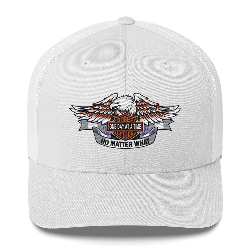 Motorcycle Wings Sober Cycles One Day at a Time No Matter What AA NA Slogans Sayings 12-Step Recovery Gifts Retro mesh snapback hat