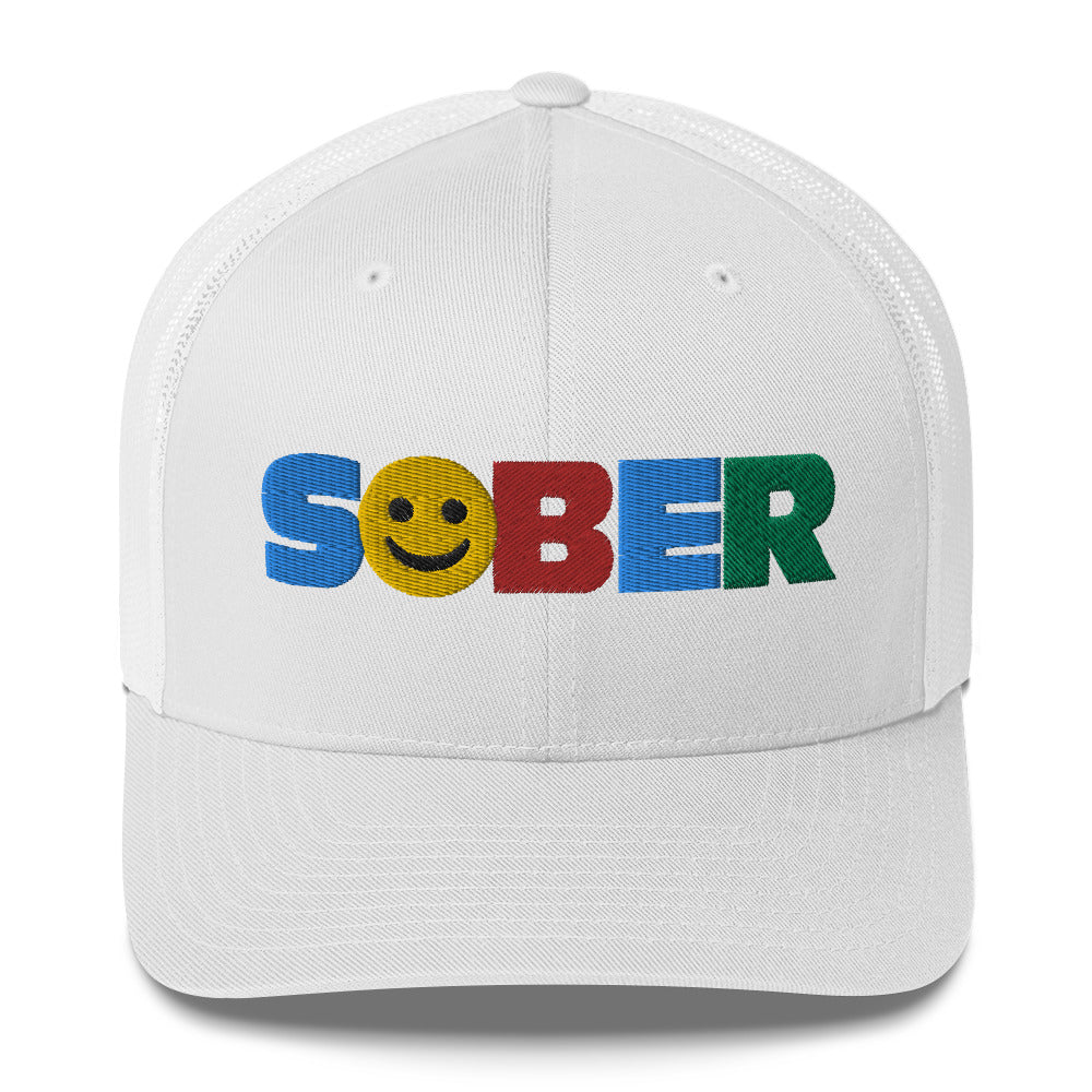 SOBER Smiley Face Multi color Fun Humor Motivational Inspired AA NA Sobriety Recovery 12-step Gifts mesh hat