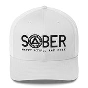 SOBER AA NA Black Logo No Matter What One Day at a Time Happy Joyful Free Recovery Slogans Sayings Mesh Retro Hat