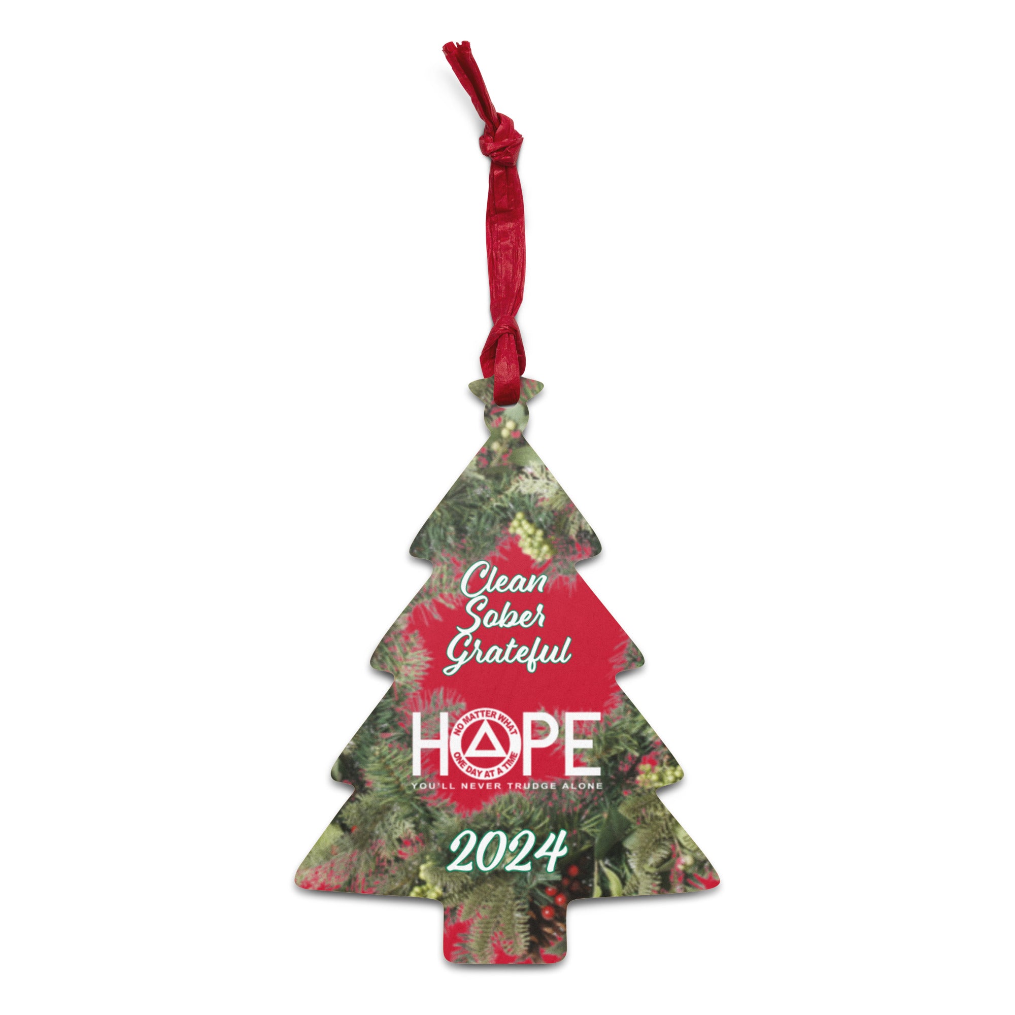 Clean Sober Grateful HOPE 2024 AA NA Slogans Sayings Logo Wooden Recovery Christmas ornament